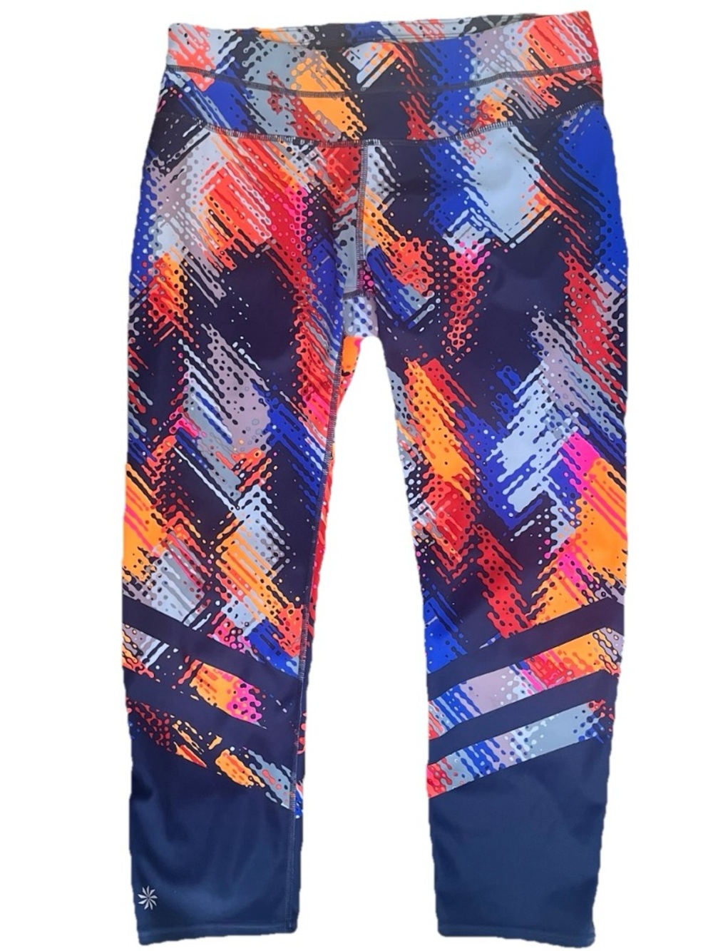 Athleta Lava Sonar Capri Leggings Medium M Blue Orange Abstract Print EUC